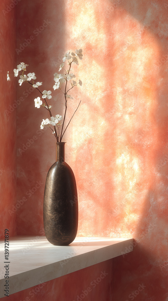 Poster dark vase with white flowers sits on a white shelf against a peach-colored wall, bathed in sunlight,