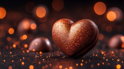 Glistening heart-shaped chocolate among scattered sweets, with bokeh lights background