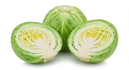 Fresh green cabbage whole and halved isolated on white background closeup for healthy eating