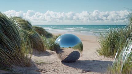 A highly reflective chrome sphere rests on a sandy beach reflecting a seascape of ocean waves and a partly cloudy sky with dune grasses framing the scene.