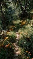 Ultra-realistic 4K photograph of a narrow grassy path bordered by bright orange wildflowers, dappled sunlight filtering through overhead foliage, cinematic lighting, high dynamic.