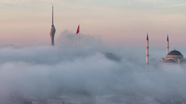 Camlica Mosque in Foggy Sunset Drone Video, Camlica Hill Uskudar, Istanbul Turkiye (Turkey)