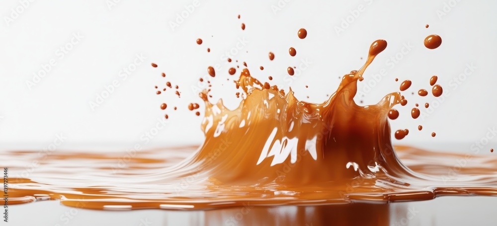 Poster dynamic splash of brown liquid with droplets in studio setting captured with high-speed photography