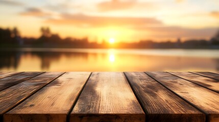 Fototapeta premium Wooden Table Top With Blurred Sunset Background Over Calm Water