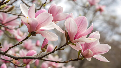 twig with blooming pink magnolia flowers close up over blue background, beautiful pink magnolia flowers blooming in the garden
