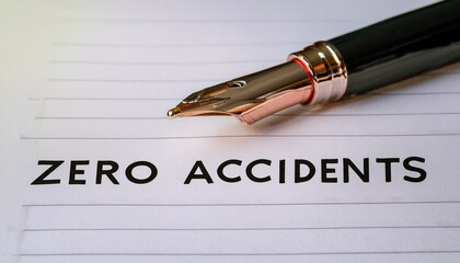 A close-up of a fountain pen poised above the words "ZERO ACCIDENTS" on lined paper, emphasizing safety and precision in writing.
