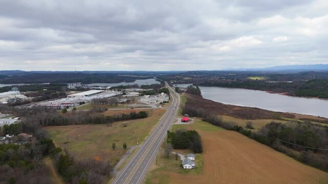 Aerial shot of TN Route 411 next to Fort Loudoun State Park.
