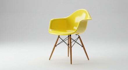 Modern yellow plastic chair with wooden legs on plain white background, stylish design showcase