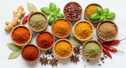Colorful spices and herbs in wooden bowls with ginger, basil, and peppers on a white background