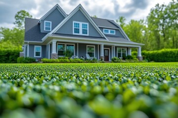 Home Security Sign in Front Yard of Suburban House with Lush Lawn