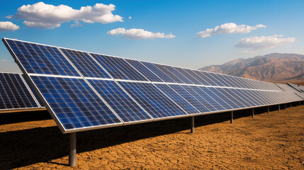 Green Energy Innovation Concept, solar power station with rows of solar panels under clear blue sky, Sustainable Future.