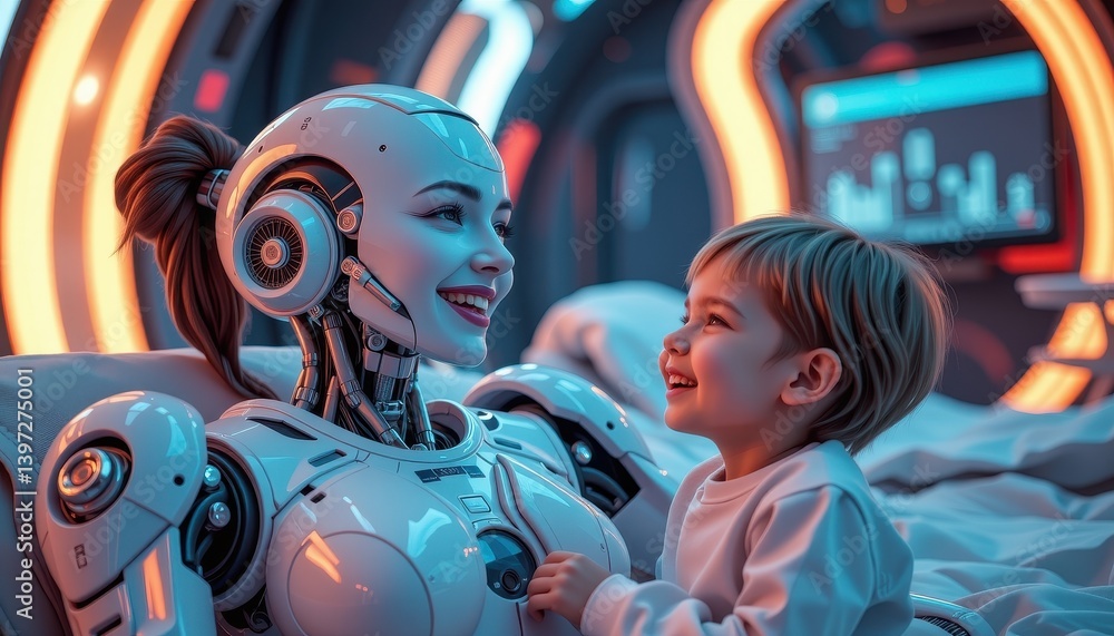 Poster a robot and a child share a joyful moment in a futuristic setting.