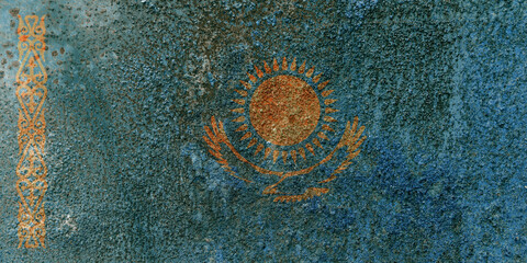 Kazakhstan State Flag. Dirty Kazakhstan flag on metal surface.