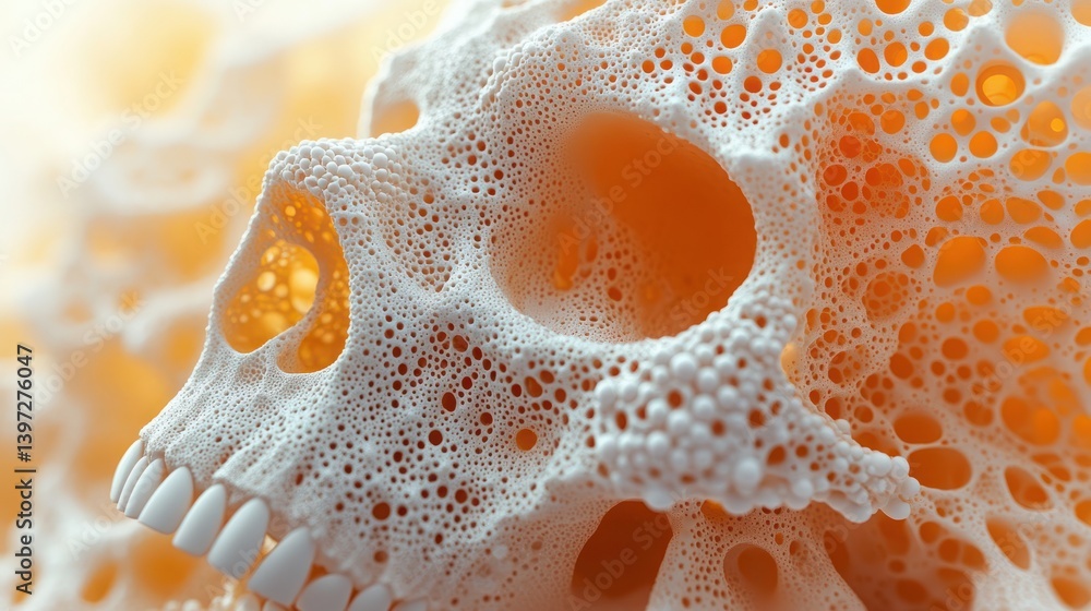 Poster detailed white skull with bubble-like texture against a soft background in artistic composition