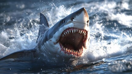 Fototapeta premium Shark Emerges from Swirling Water in Dramatic Coastal Scene