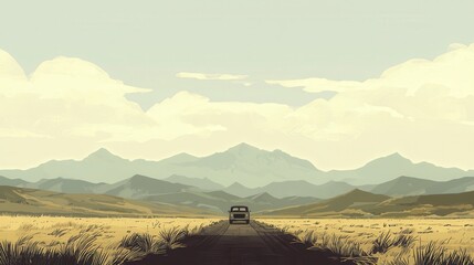 Obraz premium A lone vehicle traverses a vast, open landscape under a serene sky.
