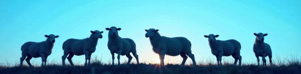 Silhouetted sheep standing together against a bright blue sky, hayfield, vector