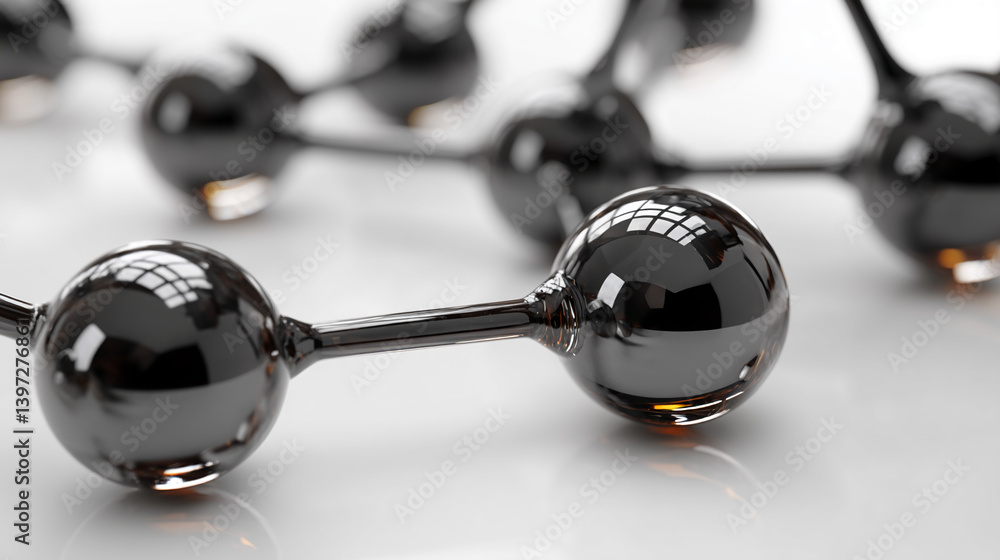 Aufkleber close-up of glossy black spheres connected by sleek rods, creating a molecular structure representat
