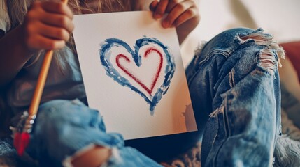 Obraz premium Sweet Innocent Heart Drawing on Greeting Card for School Project