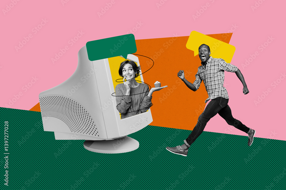 Poster creative image collage of girl in screen hold candy look running man with sms message