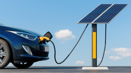 Green Energy Innovation Concept, futuristic electric car charging at solar panel station, showcasing sustainable energy, Sustainable Future.