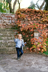 Little girl with a soft toy in her hand walks along a paved path near the steps in the park