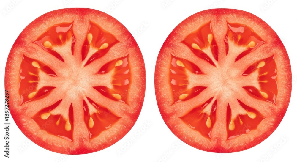 Poster closeup view of two fresh ripe red tomato slices with seeds on a plain white background image