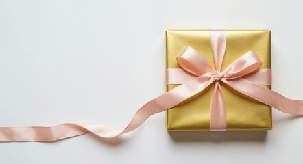 Golden gift box with pink satin ribbon on white background. Elegant present for birthday celebration, wedding gift, mother's day surprise, valentine's day present
