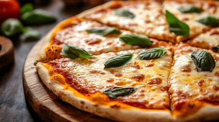 delicious gourmet pizza with melted cheese and basil crisped to perfection served in cozy environment on board ideal for lunch or food photography setup