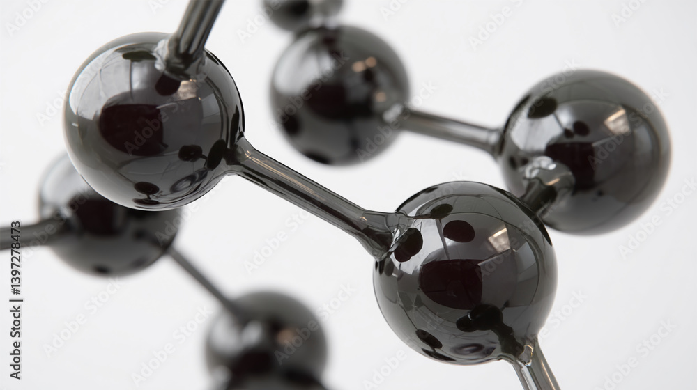 Poster close-up of dark grey spheres connected by sleek rods, creating a three-dimensional molecular struct