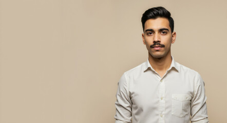 Obraz premium Young man with mustache in white shirt against neutral background. Professional portrait for job application, corporate website, business profile