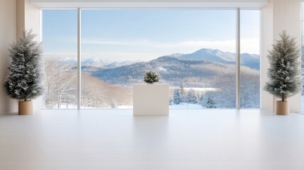 Modern minimalist winter wonderland living room with panoramic mountain view.  White decor, snow-covered landscape, minimalist style, empty room