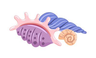 A whimsical vector illustration of seashells, featuring vibrant colors and simple shapes. The image showcases a variety of seashells in different sizes and patterns, creating a playful composition