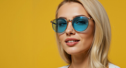 Fototapeta premium Blonde woman with blue tinted sunglasses against yellow background wearing white top. Stylish portrait with light makeup and wavy hair. Beauty concept for summer eyewear advertising