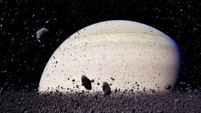 A captivating view of Saturn, showcasing its distinctive rings and the surrounding asteroid belt. This cosmic display highlights a rich diversity of space debris in a dark expanse.