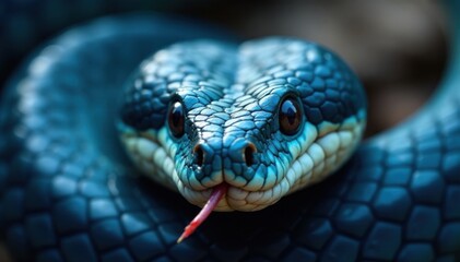 Obraz premium Serpentine snake's face, close-up, beady eyes, forked tongue, vibrant blue coloration, reptile, snake face, serpent