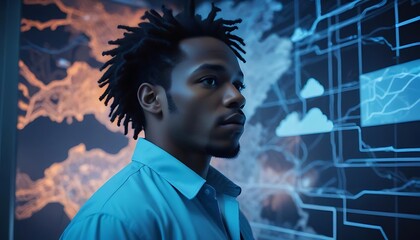 A man contemplating the digital display with data analysis