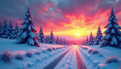 Serene landscape with snow-covered trees and a road leading towards a vibrant sunrise , landscape, snow