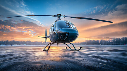 Helicopter on a frozen lake reflecting the vibrant colors of the sunrise sky in the slick surface.