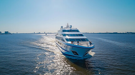 A luxurious multi-decked white yacht cruises across a calm blue sea under a clear sunny sky leaving a wake.