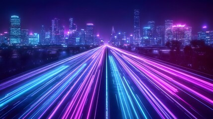 Vibrant Neon Cityscape at Night with Cyberpunk Skyline