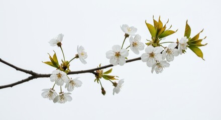 Cherry blossom branch with delicate white flowers against a clear sky in the spring season view