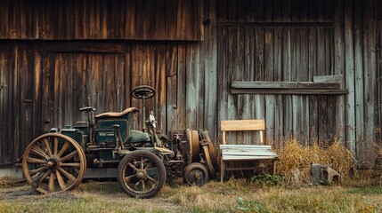 Obraz premium Vintage Automobile and Rustic Wooden Barn Evoke Nostalgic Charm and Simplicity
