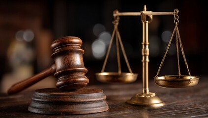 Wooden gavel and scales of justice on a dark wooden table