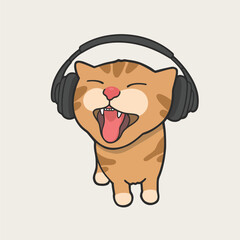 Listening to Music Headphone Cat Meme Sticker T-shirt Vector Cute Illustration