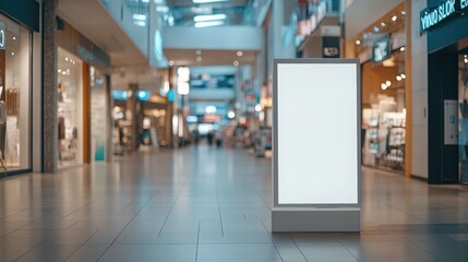 Empty Advertising Stand in Modern Shopping Mall with Bright Lighting and Abandoned Aisles
