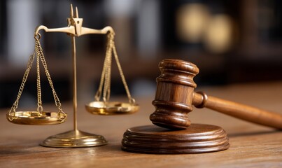 Wooden gavel and scales of justice on table (1)