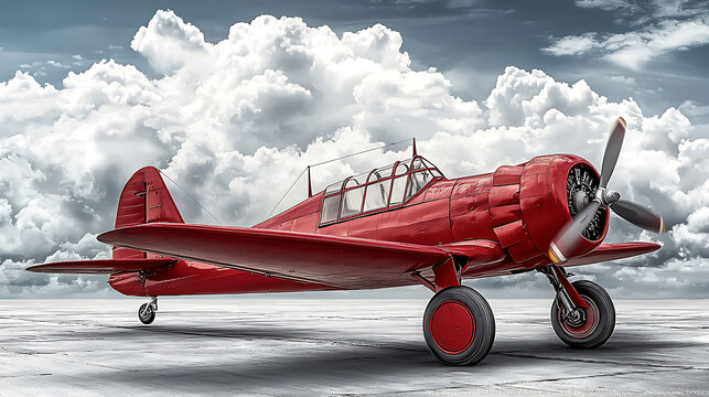 A vintage red airplane sits on a concrete surface contrasted by a backdrop of fluffy dramatic white clouds.