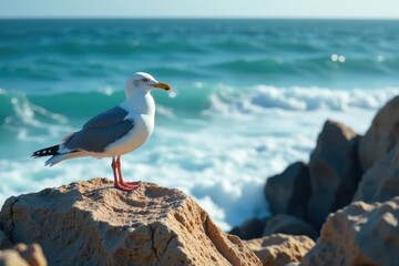 Fototapeta premium Seagull standing on a rocky coastline overlooking ocean waves, sea gull, beach scene