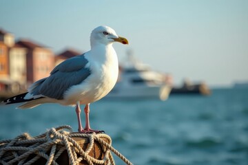 Fototapeta premium Seagull perched on a wooden fishing net, fish net, ocean